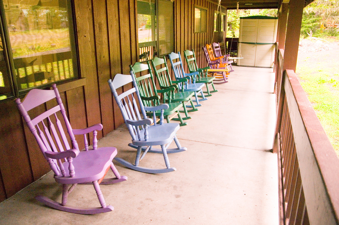 Rocking chairs on dining hall porch