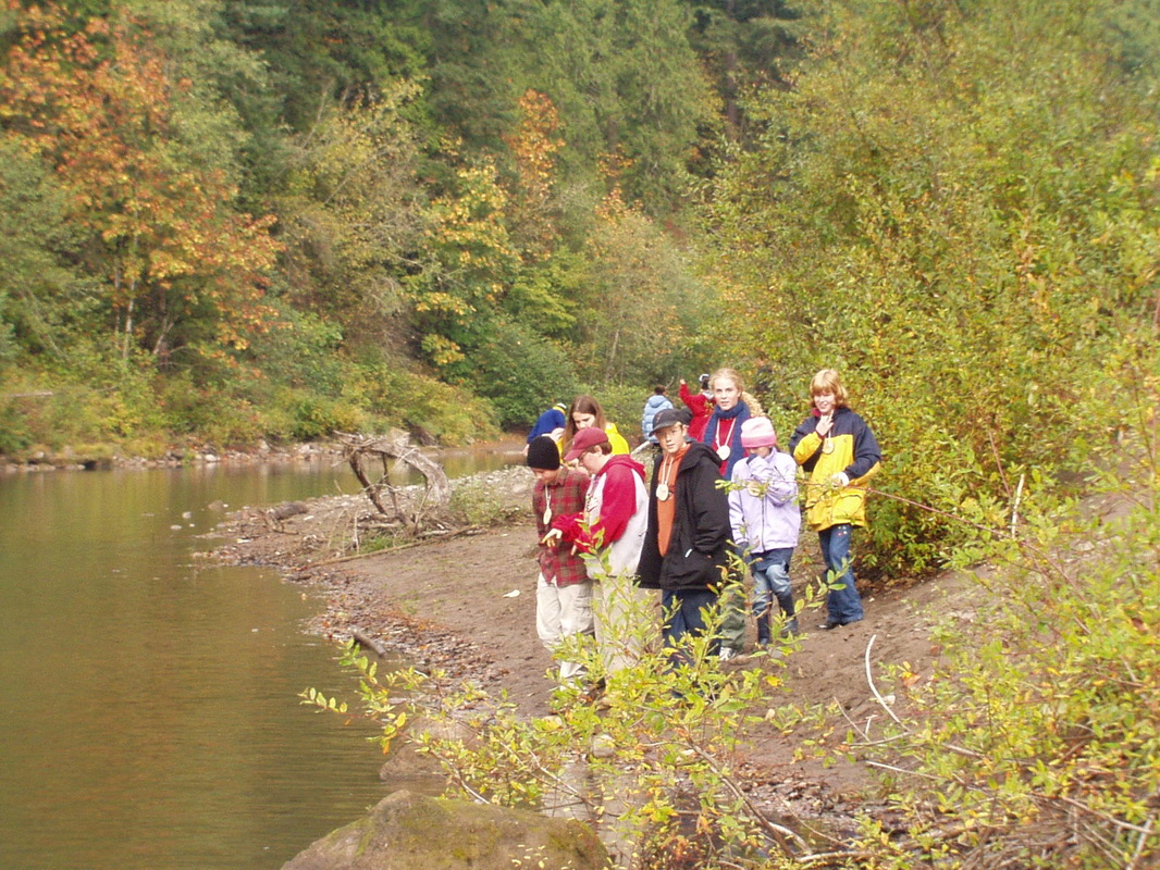 students making observations near river