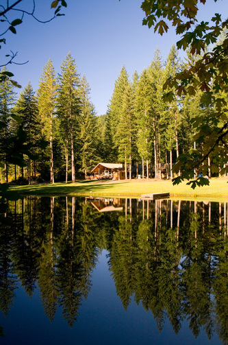 view of lodge from across the pond