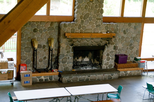 Grand fireplace inside Angelos dining hall